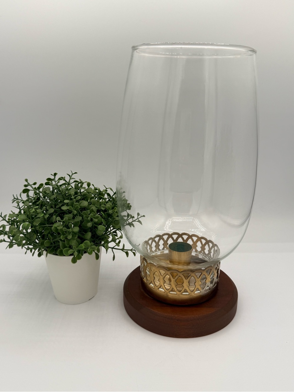 Vintage Wood & Brass Hurricane Candle Holder Glass Globe
